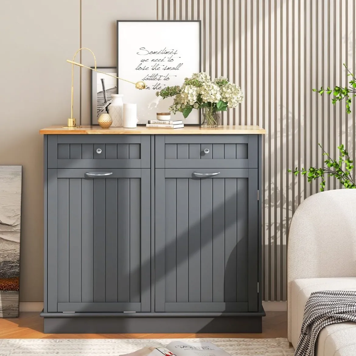 42L Kommode für Mülleimer mit Großer Arbeitplatte & 2 Schubladen & Verstellbarem Regal