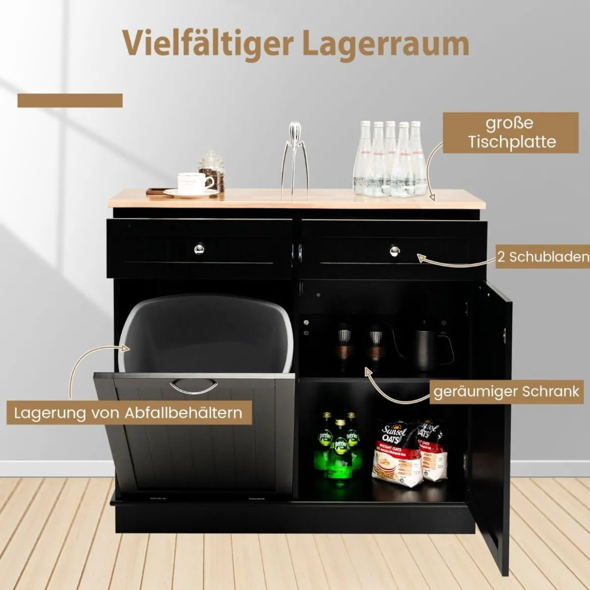 42L Kommode für Mülleimer mit Großer Arbeitplatte & 2 Schubladen & Verstellbarem Regal