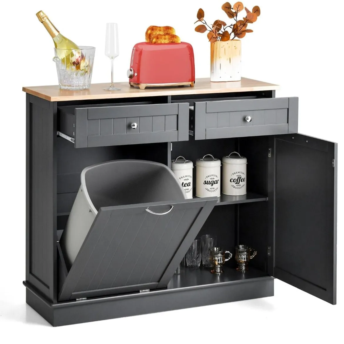 42L Kommode für Mülleimer mit Großer Arbeitplatte & 2 Schubladen & Verstellbarem Regal