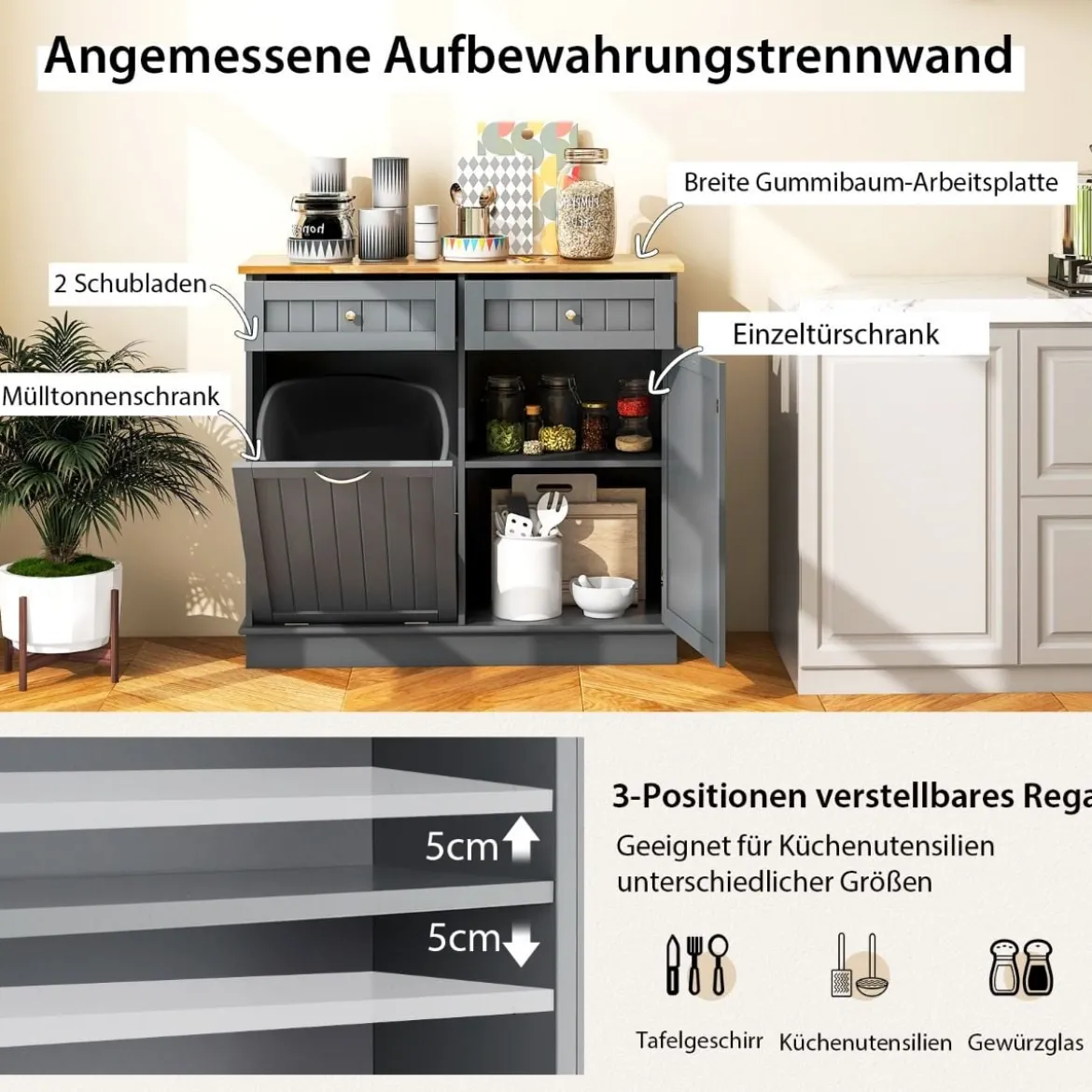 42L Kommode für Mülleimer mit Großer Arbeitplatte & 2 Schubladen & Verstellbarem Regal