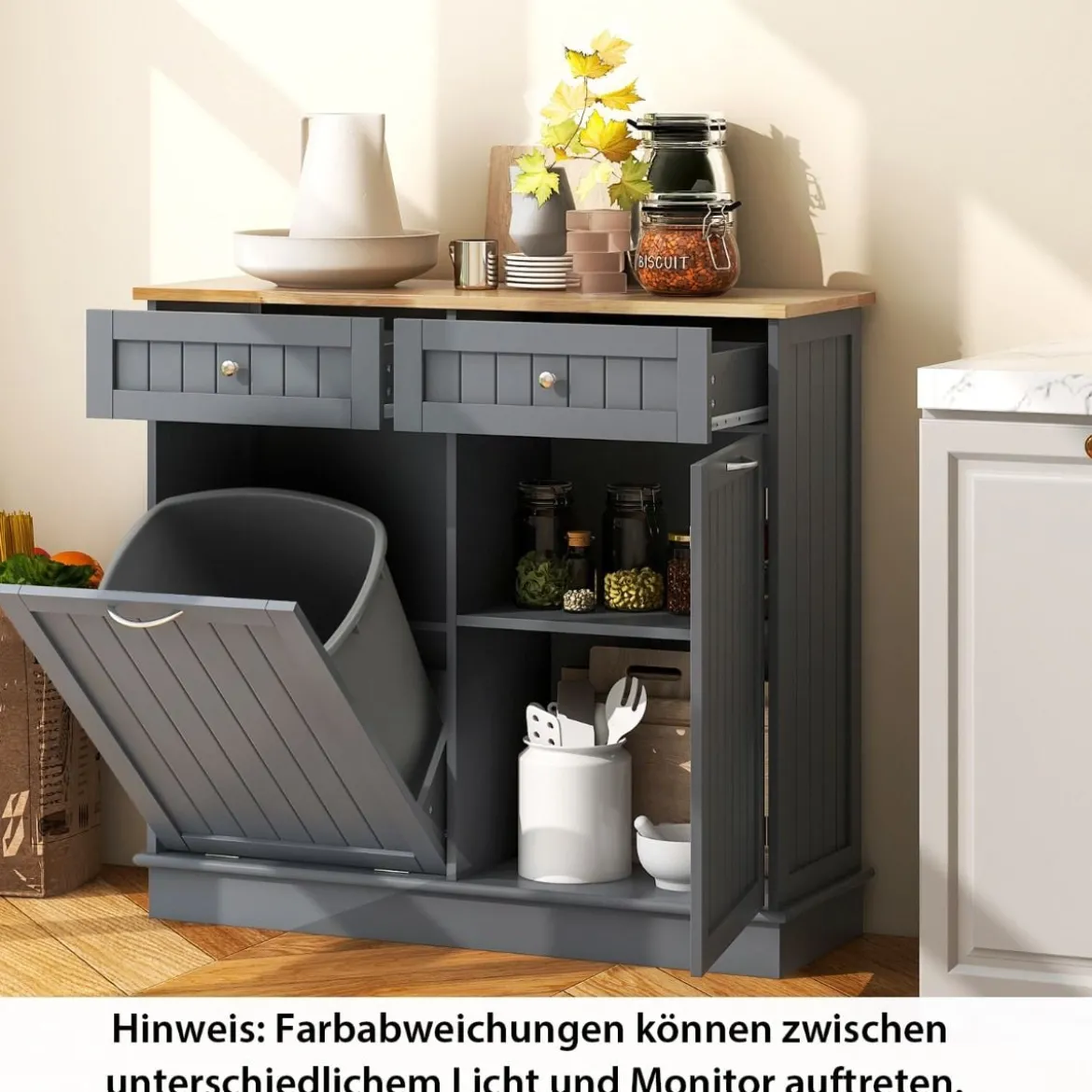 42L Kommode für Mülleimer mit Großer Arbeitplatte & 2 Schubladen & Verstellbarem Regal