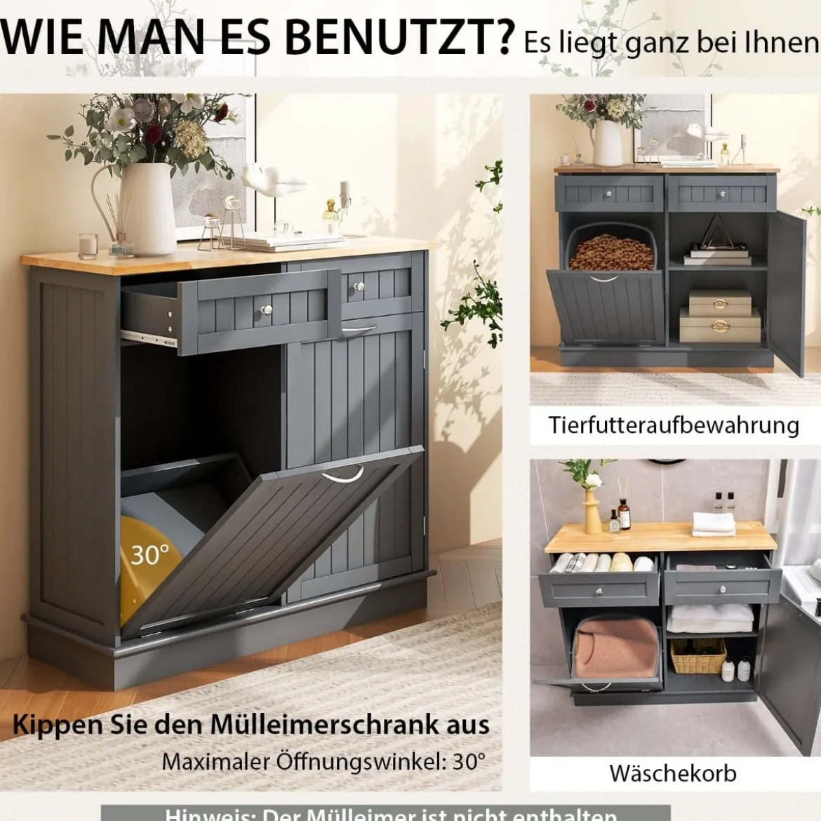 42L Kommode für Mülleimer mit Großer Arbeitplatte & 2 Schubladen & Verstellbarem Regal