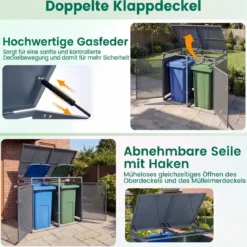240L Metall Mülltonnenschuppen für 2 Tonnen Deckel Doppeltüren Abschließbar Garten Terrasse Grau