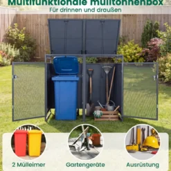 240L Metall Mülltonnenschuppen für 2 Tonnen Deckel Doppeltüren Abschließbar Garten Terrasse Grau