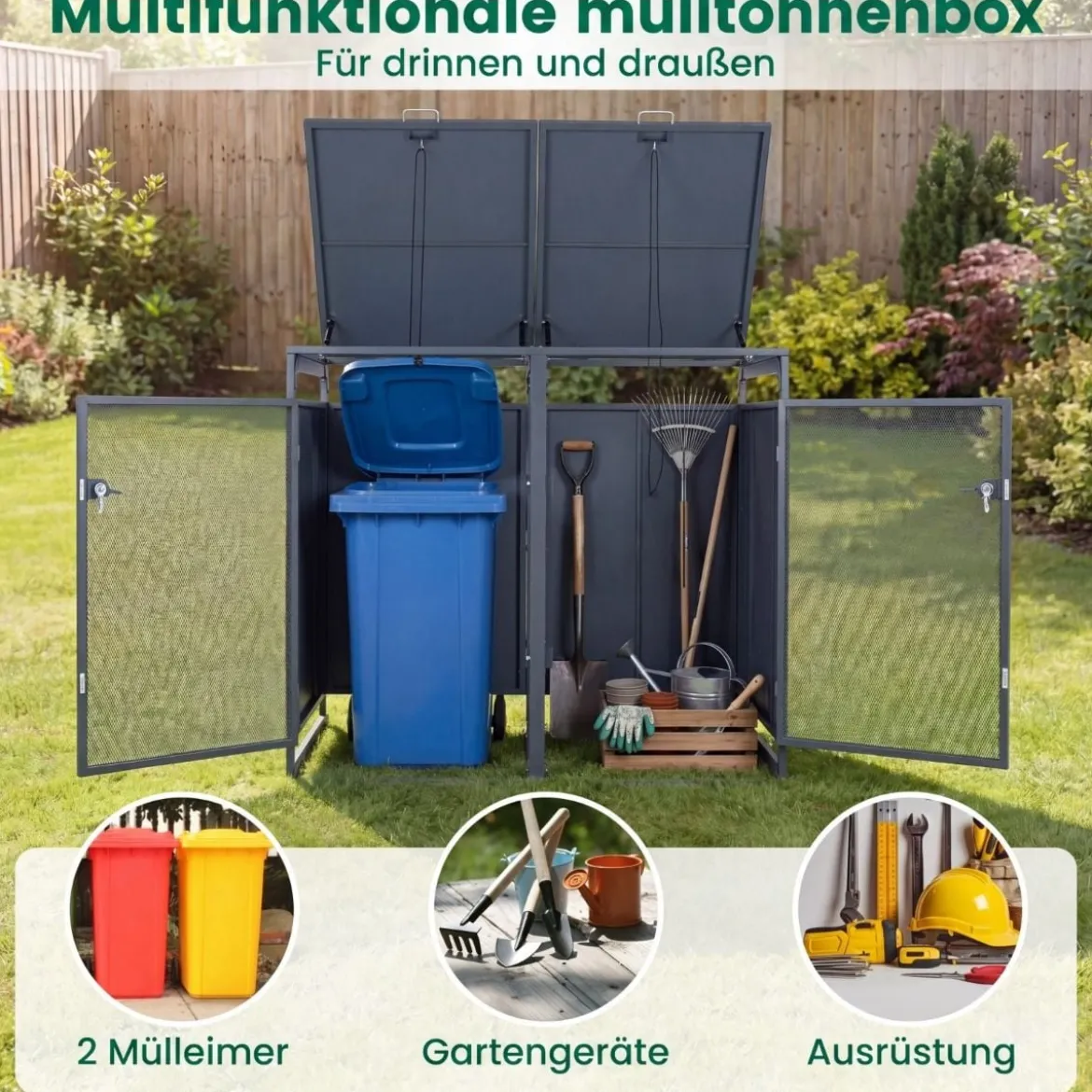 240L Metall Mülltonnenschuppen für 2 Tonnen Deckel Doppeltüren Abschließbar Garten Terrasse Grau
