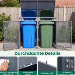 240L Metall Mülltonnenschuppen für 2 Tonnen Deckel Doppeltüren Abschließbar Garten Terrasse Grau