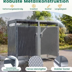 240L Metall Mülltonnenschuppen für 2 Tonnen Deckel Doppeltüren Abschließbar Garten Terrasse Grau