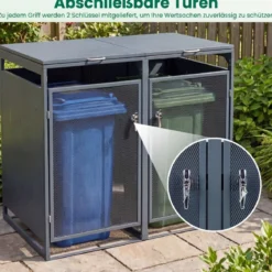 240L Metall Mülltonnenschuppen für 2 Tonnen Deckel Doppeltüren Abschließbar Garten Terrasse Grau