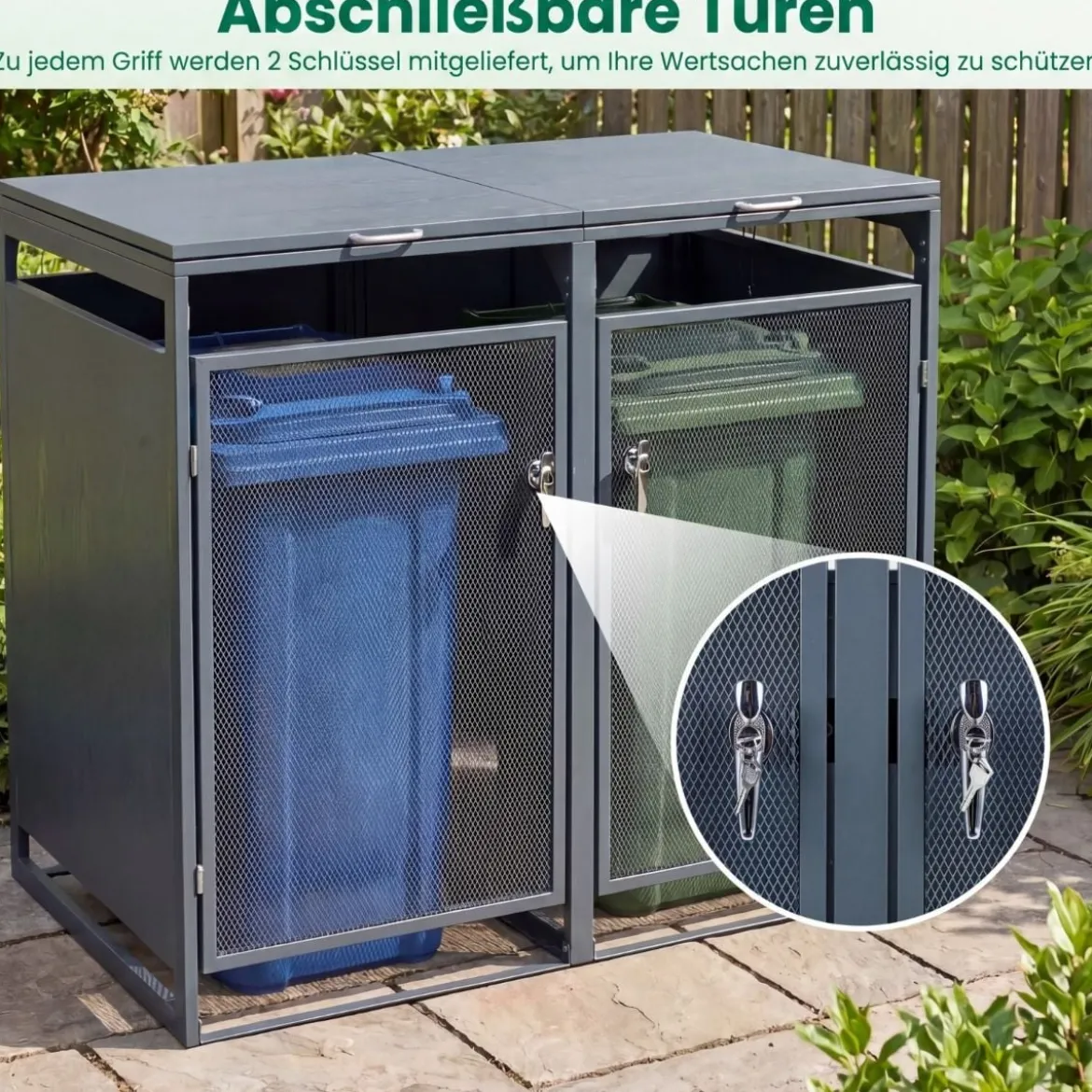 240L Metall Mülltonnenschuppen für 2 Tonnen Deckel Doppeltüren Abschließbar Garten Terrasse Grau