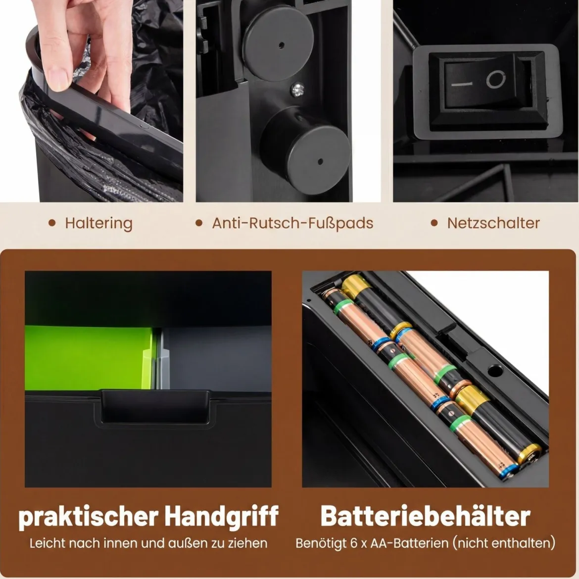 72L-Müllbehälter aus Edelstahl Mülleimer mit Küchenabfallbehälter 42 x 32–58 x 84–110 cm Schwarz