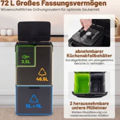 72L-Müllbehälter aus Edelstahl Mülleimer mit Küchenabfallbehälter 42 x 32–58 x 84–110 cm Schwarz