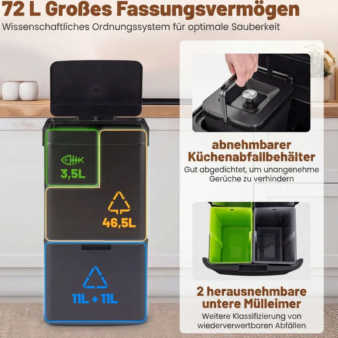 72L-Müllbehälter aus Edelstahl Mülleimer mit Küchenabfallbehälter 42 x 32–58 x 84–110 cm Schwarz