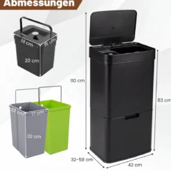 72L-Müllbehälter aus Edelstahl Mülleimer mit Küchenabfallbehälter 42 x 32–58 x 84–110 cm Schwarz