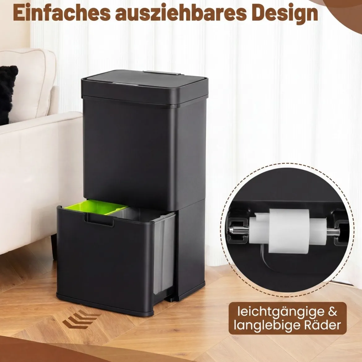 72L-Müllbehälter aus Edelstahl Mülleimer mit Küchenabfallbehälter 42 x 32–58 x 84–110 cm Schwarz