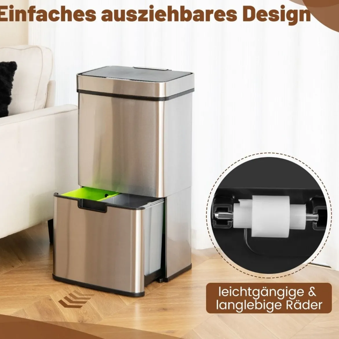 72L-Müllbehälter aus Edelstahl Mülleimer mit Küchenabfallbehälter 42 x 32–58 x 84–110 cm Silber