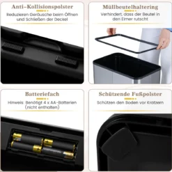 60 L Mülleimer mit Flügelklappen & Infrarot-Bewegungssensor Edelstahl Abfalleimer Silber