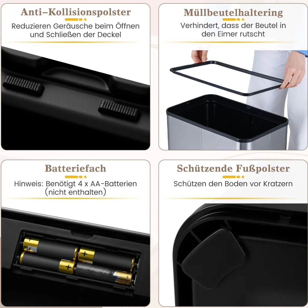 60 L Mülleimer mit Flügelklappen & Infrarot-Bewegungssensor Edelstahl Abfalleimer Silber