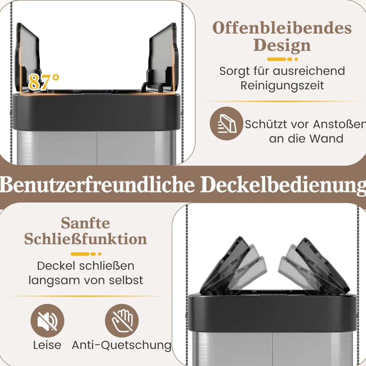 60 L Mülleimer mit Flügelklappen & Infrarot-Bewegungssensor Edelstahl Abfalleimer Silber