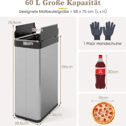 60 L Mülleimer mit Flügelklappen & Infrarot-Bewegungssensor Edelstahl Abfalleimer Silber