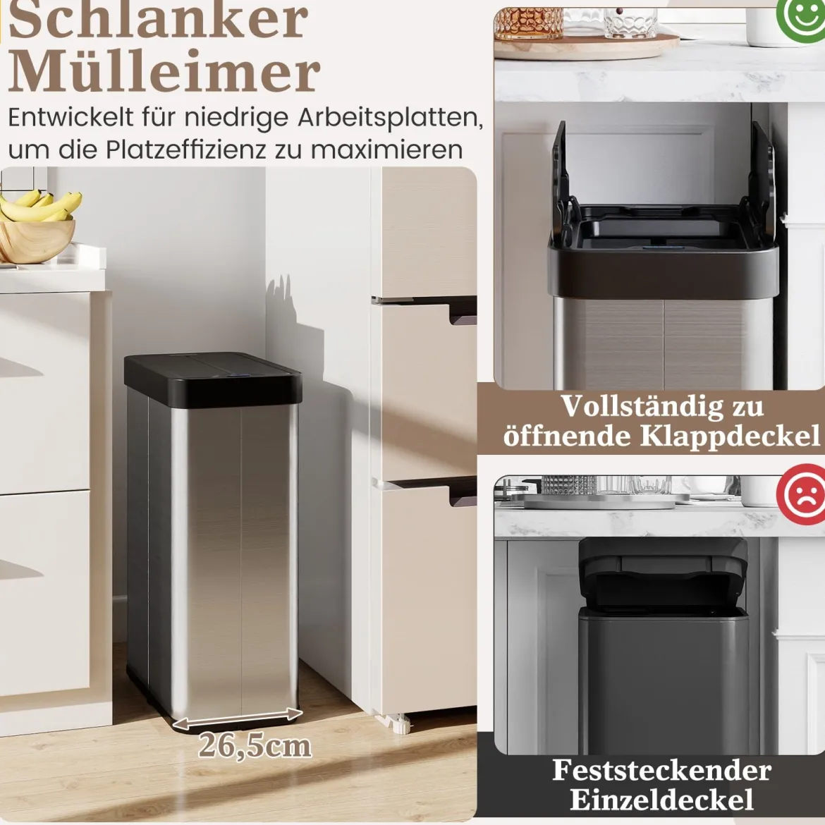 60 L Mülleimer mit Flügelklappen & Infrarot-Bewegungssensor Edelstahl Abfalleimer Silber