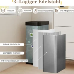 60 L Mülleimer mit Flügelklappen & Infrarot-Bewegungssensor Edelstahl Abfalleimer Silber