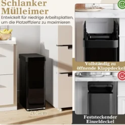 60 L Mülleimer mit Flügelklappen & Infrarot-Bewegungssensor Edelstahl Abfalleimer Schwarz
