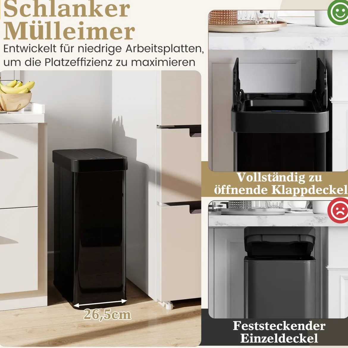 60 L Mülleimer mit Flügelklappen & Infrarot-Bewegungssensor Edelstahl Abfalleimer Schwarz