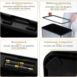 60 L Mülleimer mit Flügelklappen & Infrarot-Bewegungssensor Edelstahl Abfalleimer Schwarz