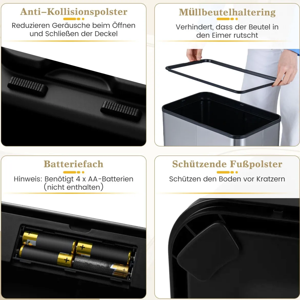 60 L Mülleimer mit Flügelklappen & Infrarot-Bewegungssensor Edelstahl Abfalleimer Schwarz