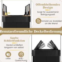 60 L Mülleimer mit Flügelklappen & Infrarot-Bewegungssensor Edelstahl Abfalleimer Schwarz