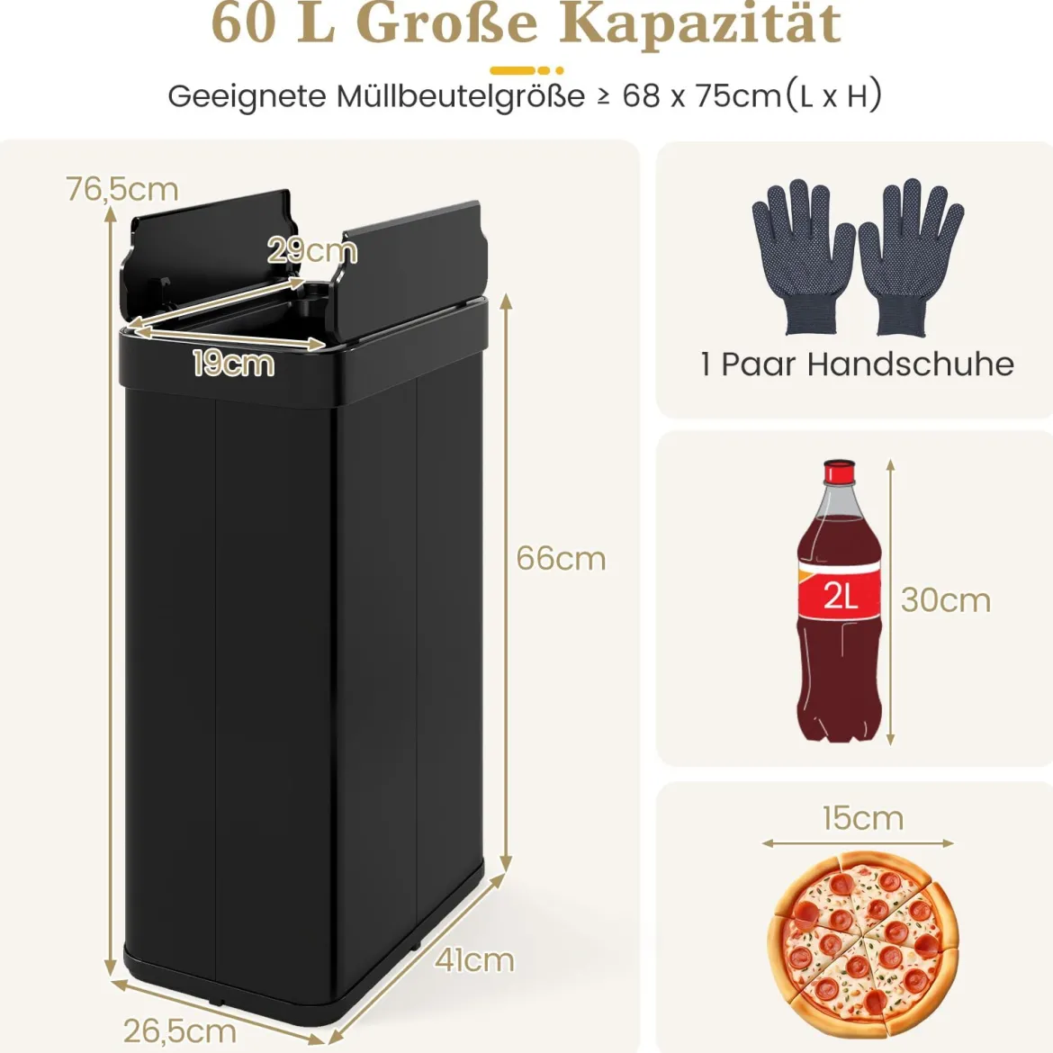 60 L Mülleimer mit Flügelklappen & Infrarot-Bewegungssensor Edelstahl Abfalleimer Schwarz