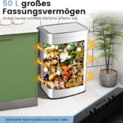 50L Mülleimer mit Sensor & Deckel Automatischer Abfalleimer aus Edelstahl & Kunststoff