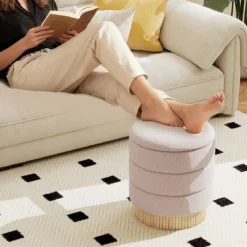 355 L Moderner runder Hocker mit stauraum Chenille Sitzhocker mit abnehmbarem Deckel Beige