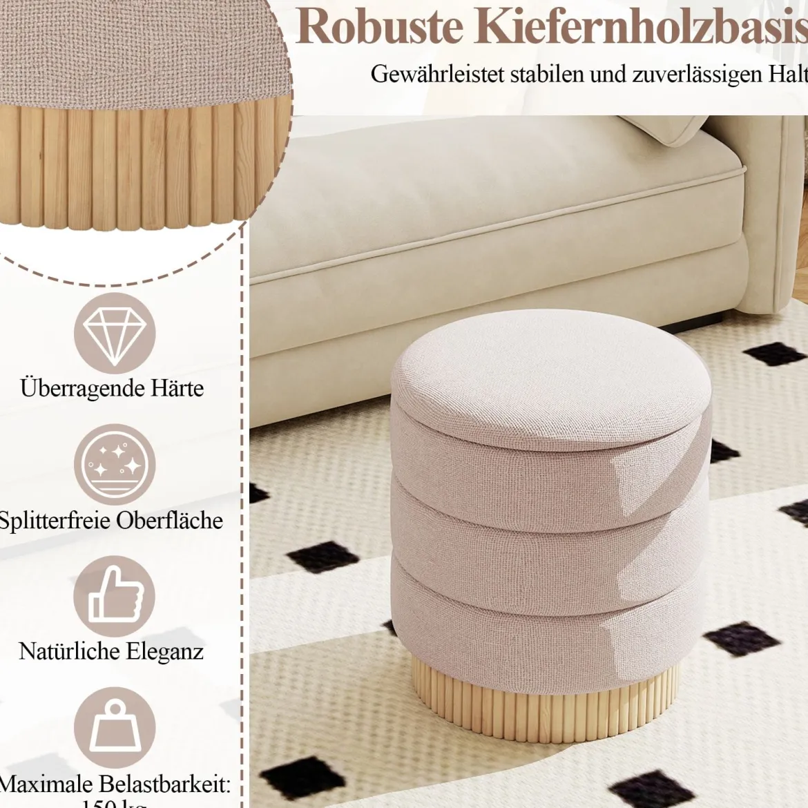 355 L Moderner runder Hocker mit stauraum Chenille Sitzhocker mit abnehmbarem Deckel Beige