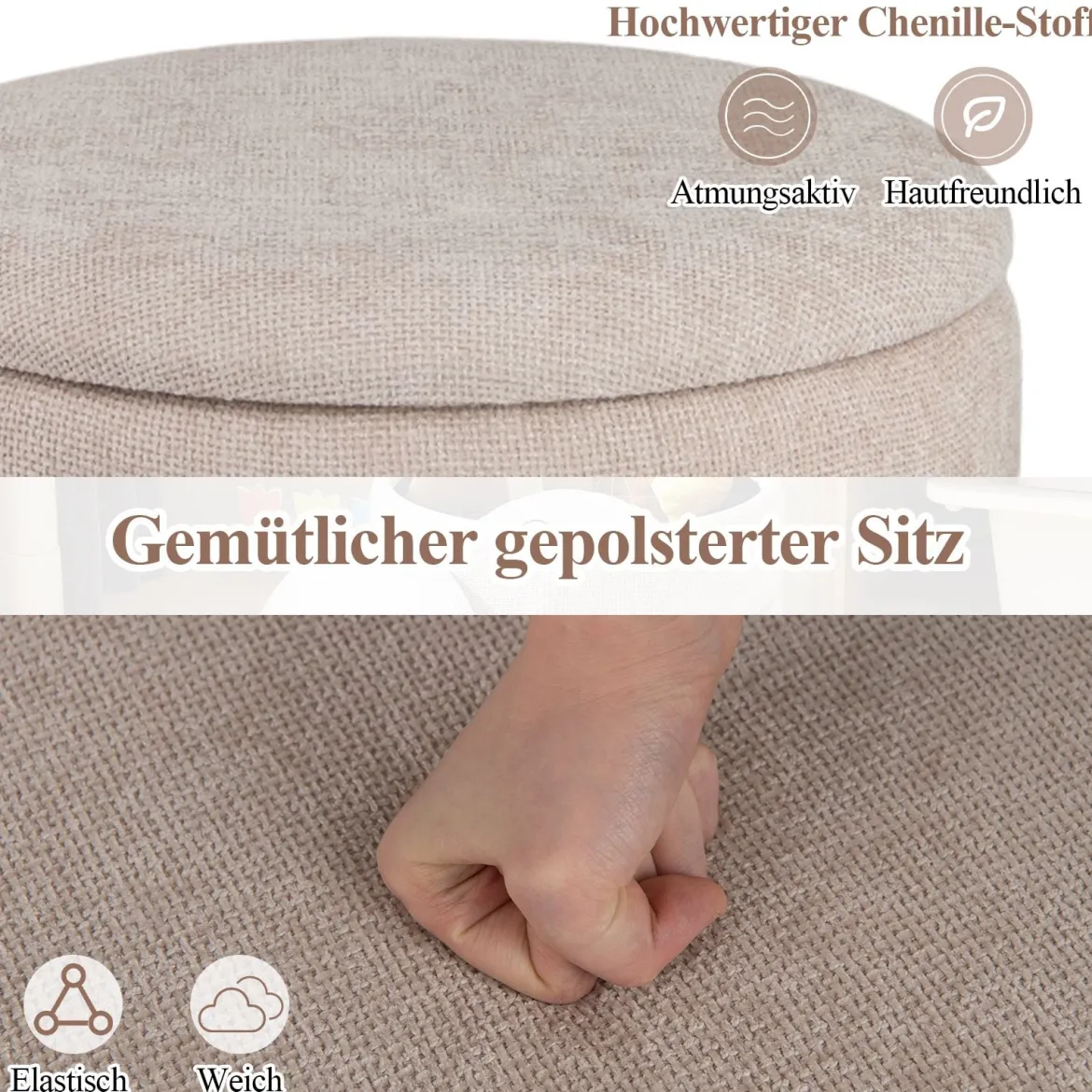 355 L Moderner runder Hocker mit stauraum Chenille Sitzhocker mit abnehmbarem Deckel Beige