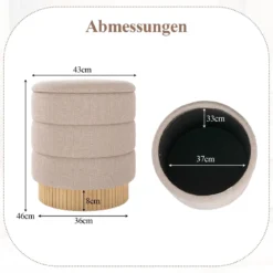 355 L Moderner runder Hocker mit stauraum Chenille Sitzhocker mit abnehmbarem Deckel Beige
