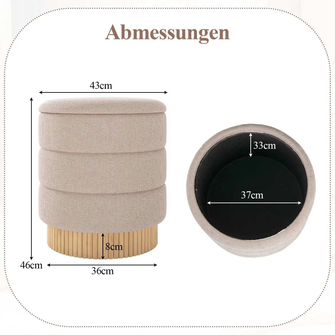 355 L Moderner runder Hocker mit stauraum Chenille Sitzhocker mit abnehmbarem Deckel Beige