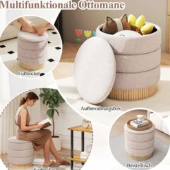 355 L Moderner runder Hocker mit stauraum Chenille Sitzhocker mit abnehmbarem Deckel Beige