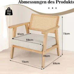 Loungesessel mit Rattan-Rückenlehne Esszimmerstuhl mit gepolsterter Sitzfläche gepolsterter Lesesessel
