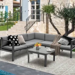 Lounge-Set aus Aluminium Gartenlounge für 4-5 Personen Gartenmöbel-Set Grau