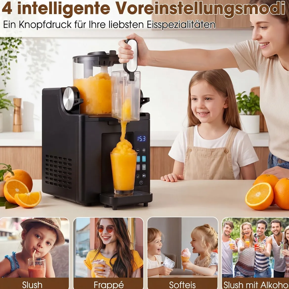 1,5 L Slush Maschine mit Kompressor Slushie Maschine mit LED Touch Steuerung & 4 Modi