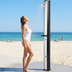 60L Solardusche inkl. Abdeckung Gartendusche mit Ablage Warmes Wasser Pooldusche Schwarz + Silber