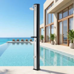 60L Solardusche inkl. Abdeckung Gartendusche mit Ablage Warmes Wasser Pooldusche Schwarz + Silber