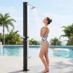 60L Solardusche inkl. Abdeckung Gartendusche mit Ablage Warmes Wasser Pooldusche Schwarz + Silber
