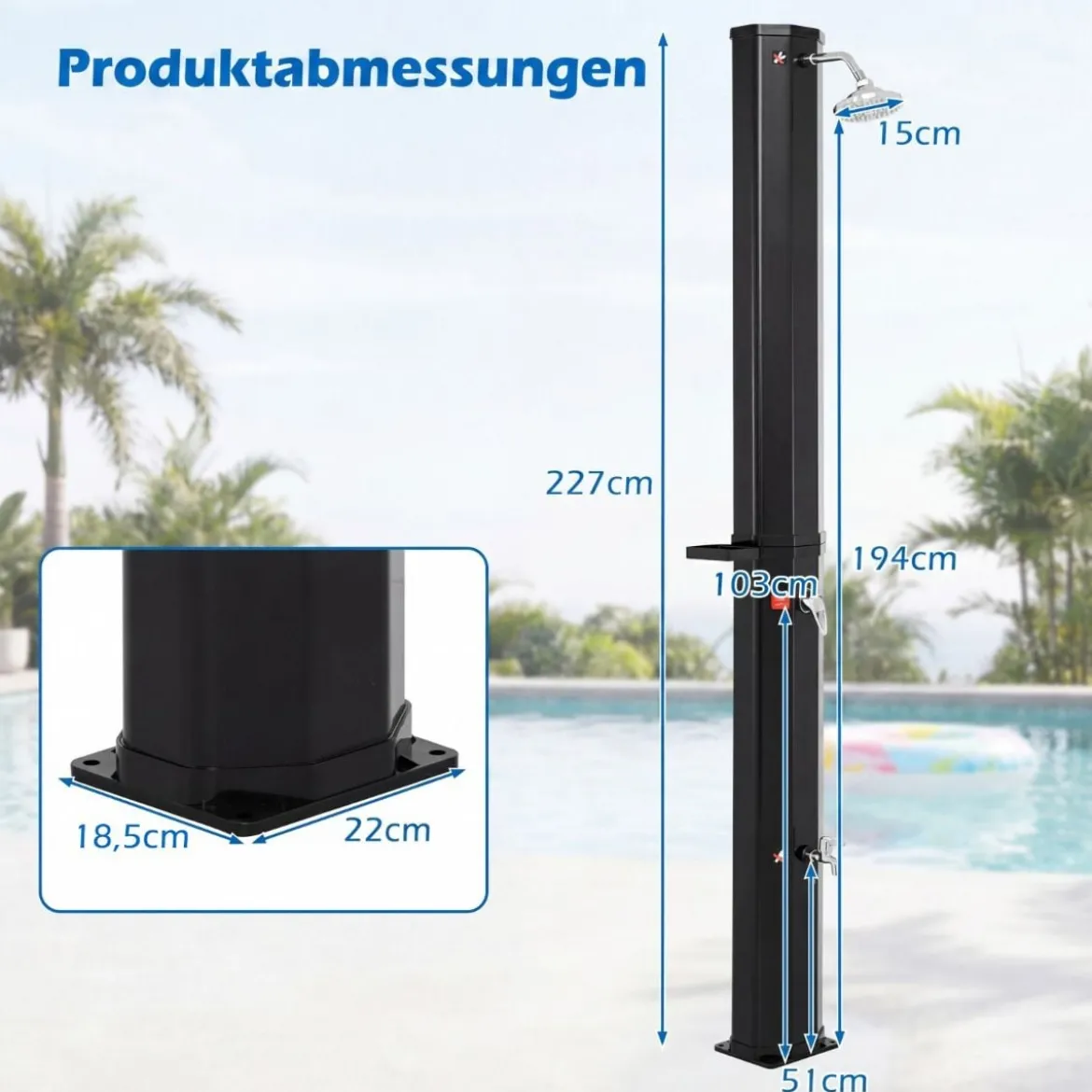60L Solardusche inkl. Abdeckung Gartendusche mit Ablage Warmes Wasser Pooldusche Schwarz