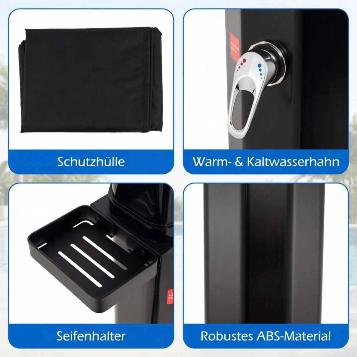 60L Solardusche inkl. Abdeckung Gartendusche mit Ablage Warmes Wasser Pooldusche Schwarz