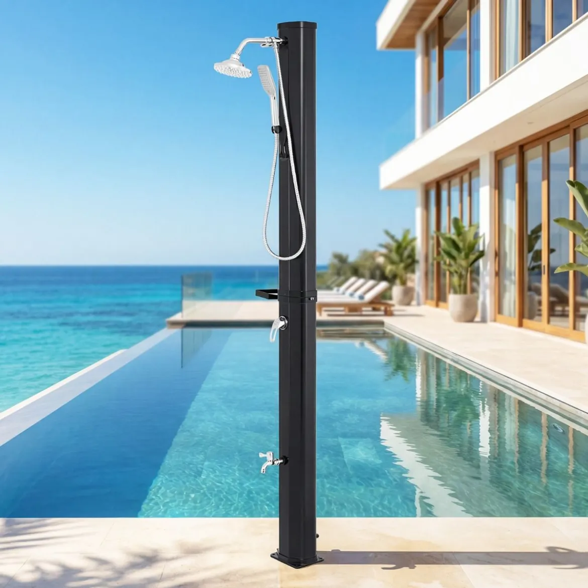 35L Solardusche mit Handbrause inkl. Abdeckung Gartendusche mit Ablage Pooldusche Schwarz