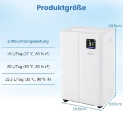 25,5 L/Tag Luftentfeuchter Elektrischer Entfeuchter Raumentfeuchter Entfeuchtungsgerät für 25㎡ Räume