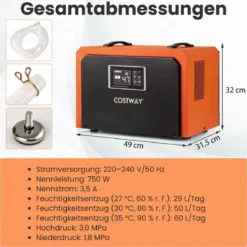 60 L/Tag Luftentfeuchter mit Ablaufschlauch & 24H Timer Bautrockner Industrie Trocknungsgerät
