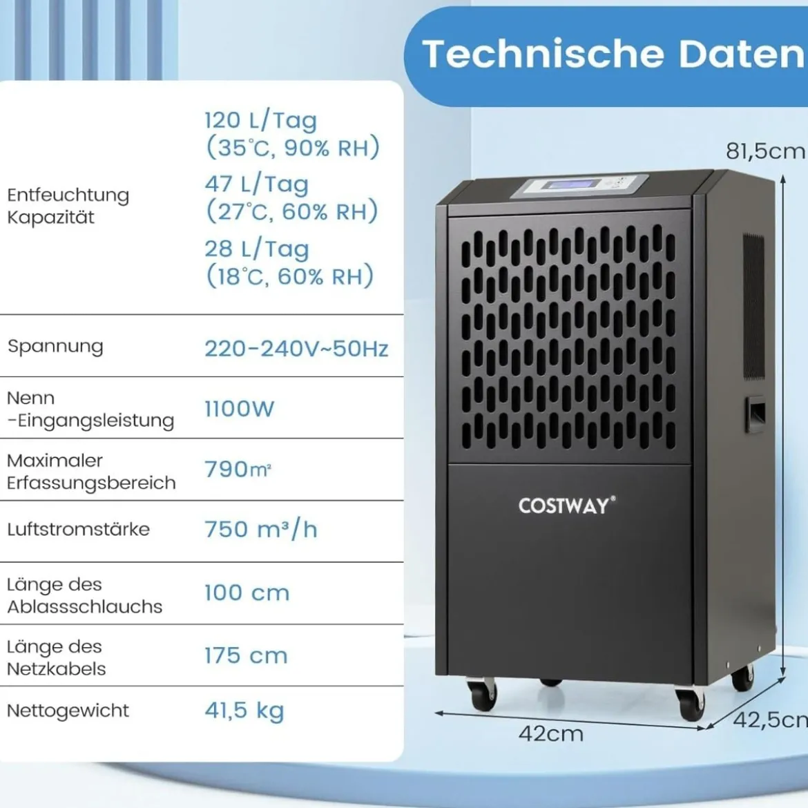 118L/T Elektrischer Bautrockner mit Ablaufschlauch & Timer Gewerbe Luftentfeuchter Schwarz